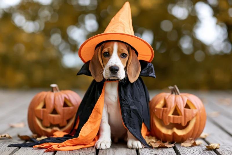 Beagle puppy in witch costume sitting between two carved jack-o-lanterns on wooden deck