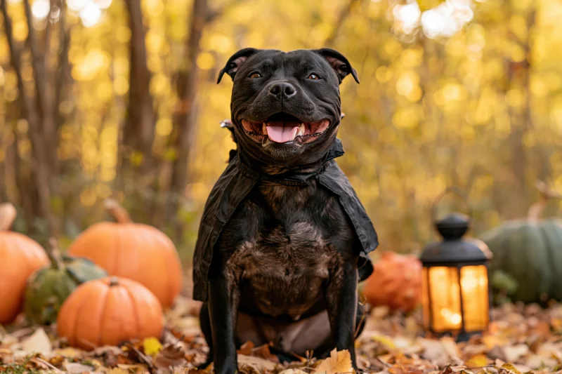 Black staffordshire bull terrier wearing a cape and smiling among pumpkins and autumn leaves in a forest setting