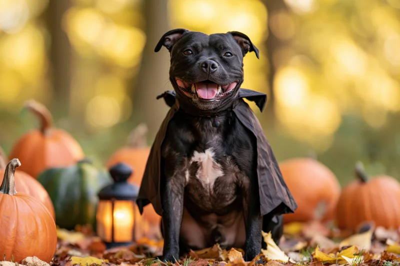 Black staffordshire bull terrier in vampire cape sitting among pumpkins and autumn leaves outdoors