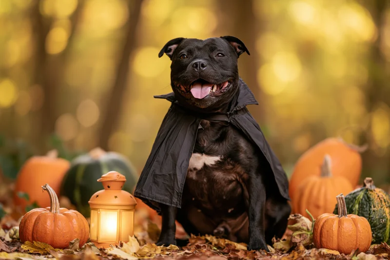Black staffordshire bull terrier wearing a cape and sitting among pumpkins and autumn leaves in a forest setting