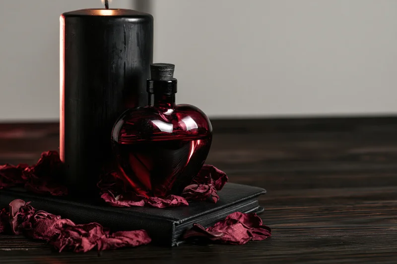 Black candle and heart-shaped perfume bottle with rose petals on a book on dark wood table