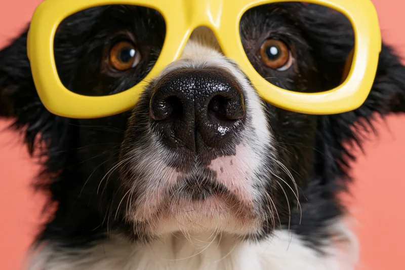Border collie dog wearing oversized yellow sunglasses in studio portrait closeup