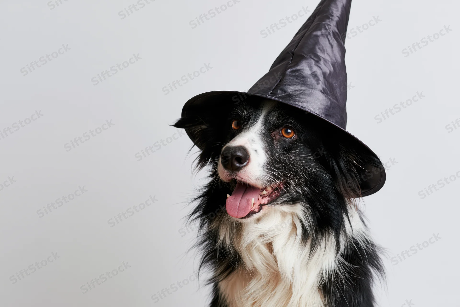 Border collie wearing a witch hat, sitting upright in a studio portrait, tongue out, looking to the side