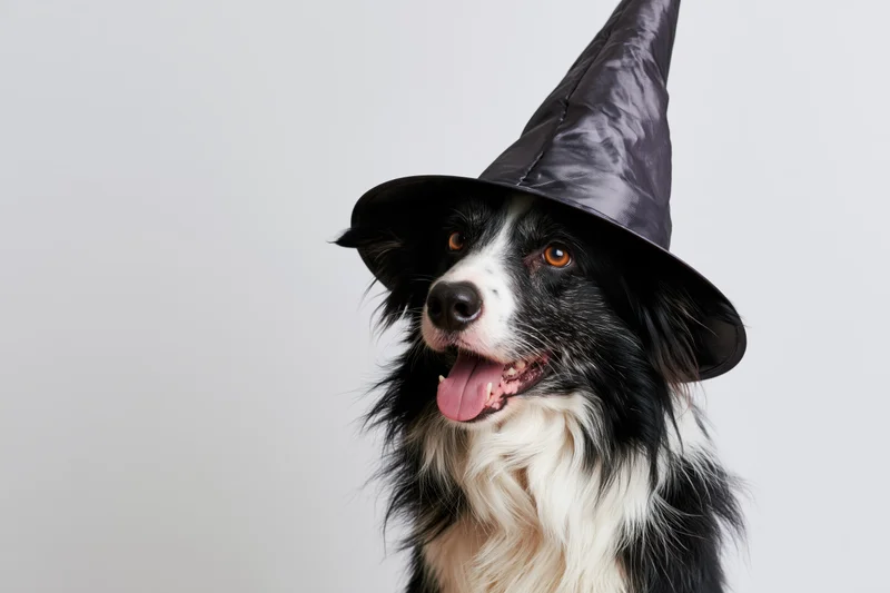 Border collie wearing a witch hat, sitting upright in a studio portrait, tongue out, looking to the side