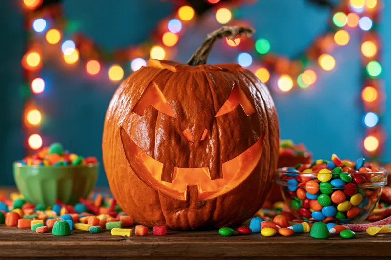 Carved jack-o-lantern with grinning face on wooden table surrounded by candy and colorful string lights