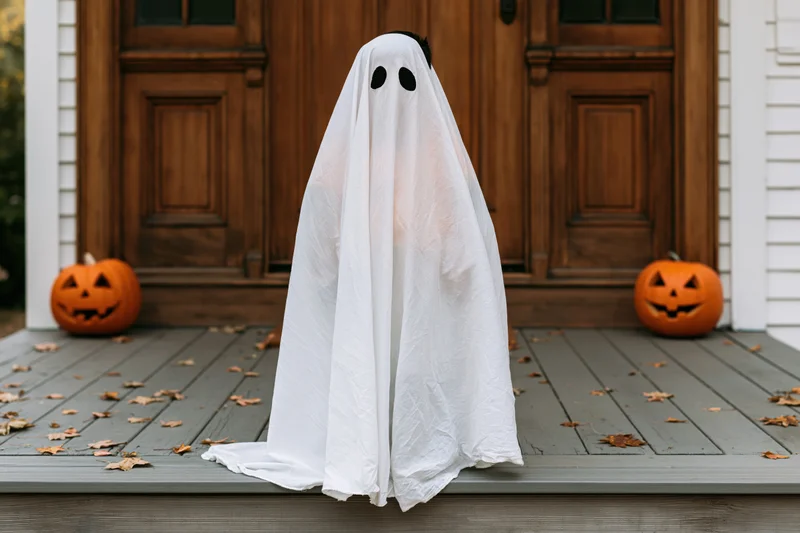 Child in white sheet ghost costume standing on porch with carved pumpkins on either side