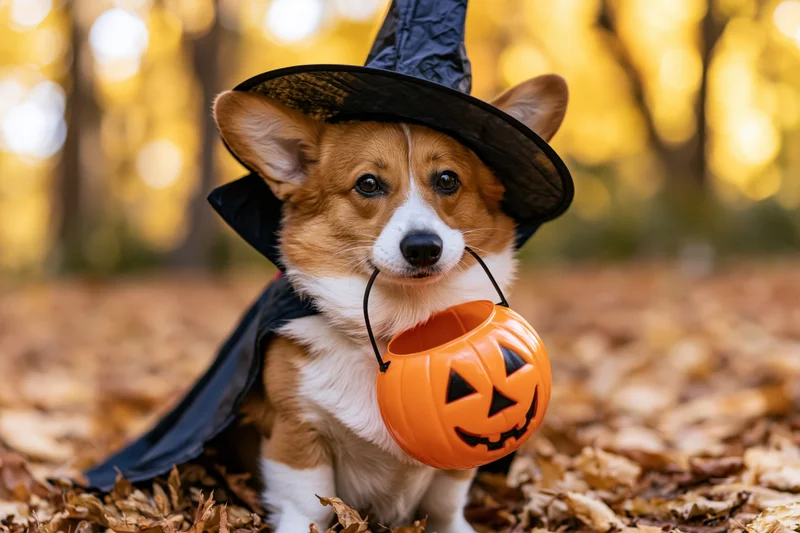 Corgi dog in witch costume holding pumpkin bucket among fallen autumn leaves in forest