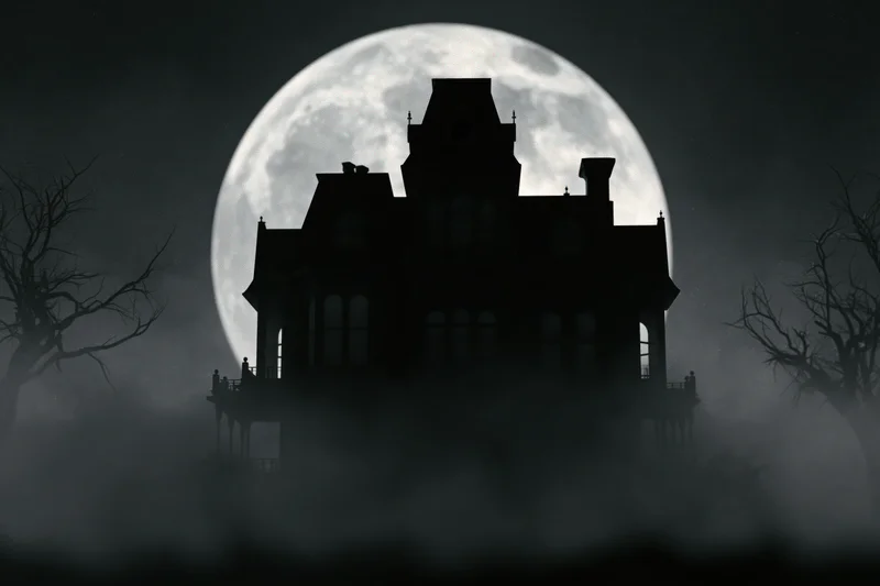 Dark victorian mansion silhouetted against a full moon in fog at night