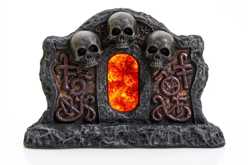 Dark stone tombstone with three skulls and glowing orange flame center, carved with gothic symbols and runes