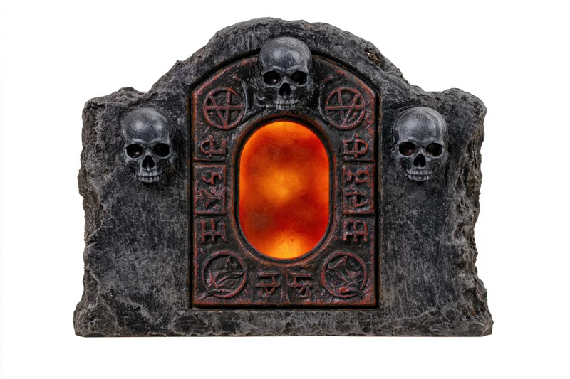Dark stone tombstone prop with three skulls and glowing orange portal, isolated on white