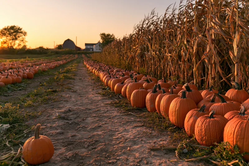Rows of pumpkins lining a dirt path through a cornfield at sunset
