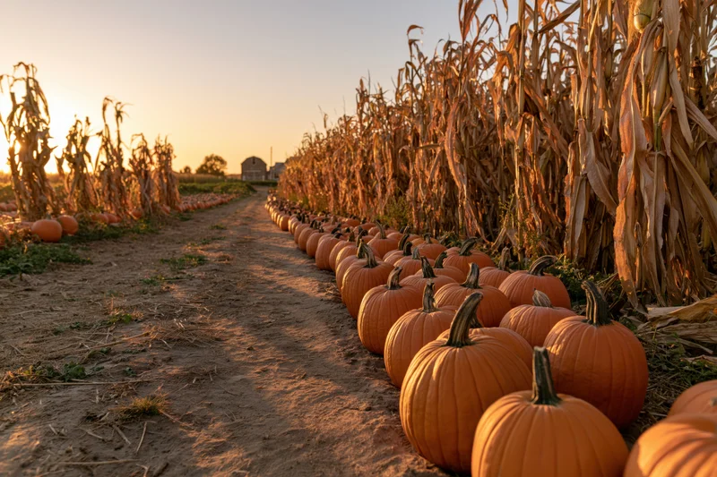 Rows of pumpkins lining a dirt path through a cornfield at sunset