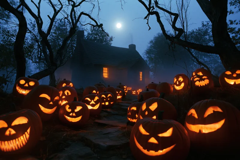 Dozens of carved jack-o-lanterns glowing along a stone path leading to a cottage in a foggy forest at night