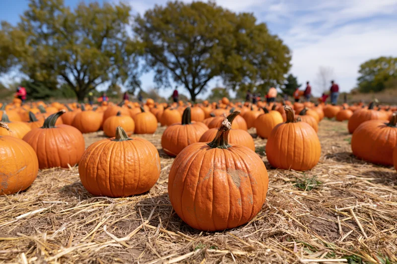 Pumpkins scattered across a straw-covered field under trees on a sunny day