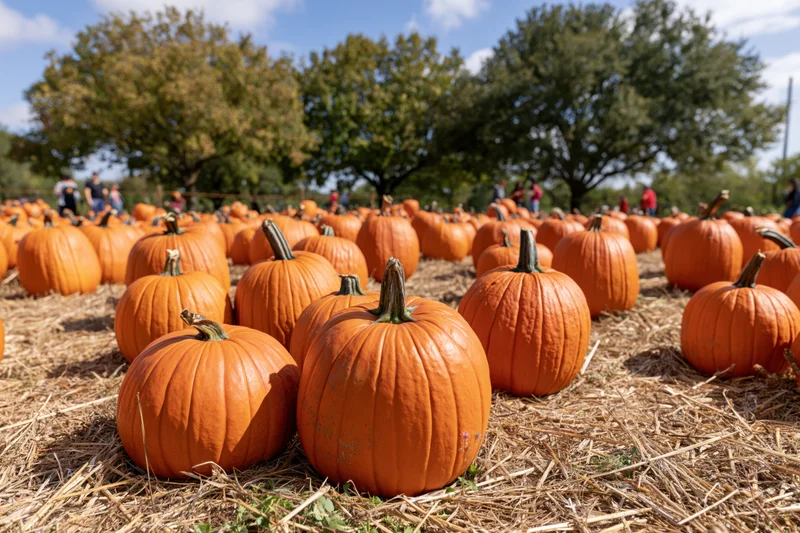 Pumpkins scattered across a straw-covered field at a farm during autumn harvest