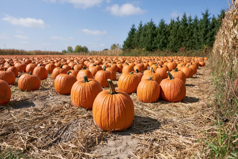 Rows of orange pumpkins in a harvested field under a blue sky