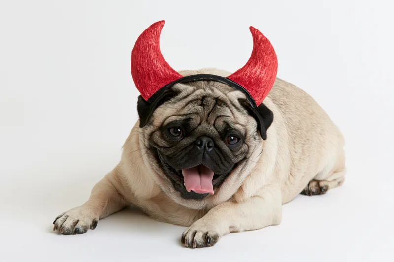 Fawn pug lying down with mouth open and tongue out wearing red devil horns on white background