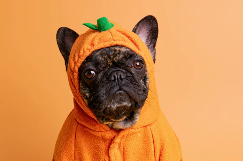 Frenchbulldog wearing orange fleece pumpkin costume against orange background