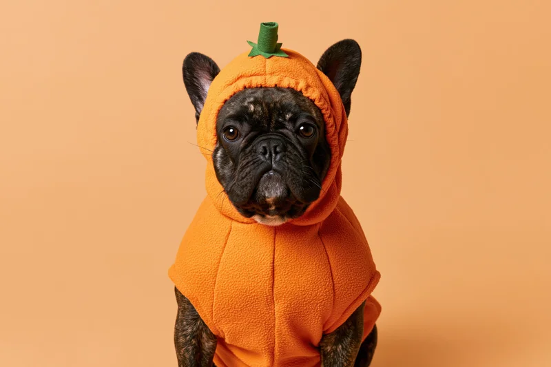 Frenchbulldog wearing orange fleece pumpkin costume sitting upright in studio