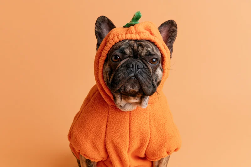 Frenchbulldog wearing orange fleece pumpkin costume sitting upright against orange background