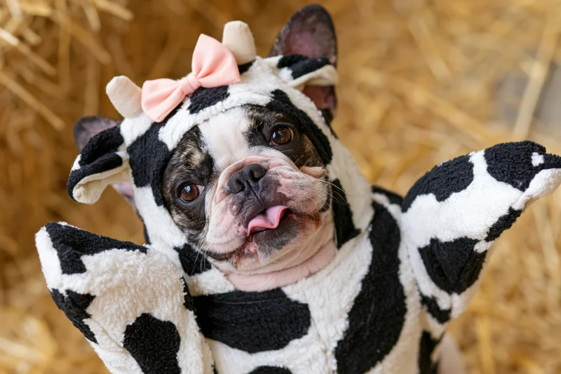 Frenchbulldog in cow costume with pink bow and horns sitting on hay