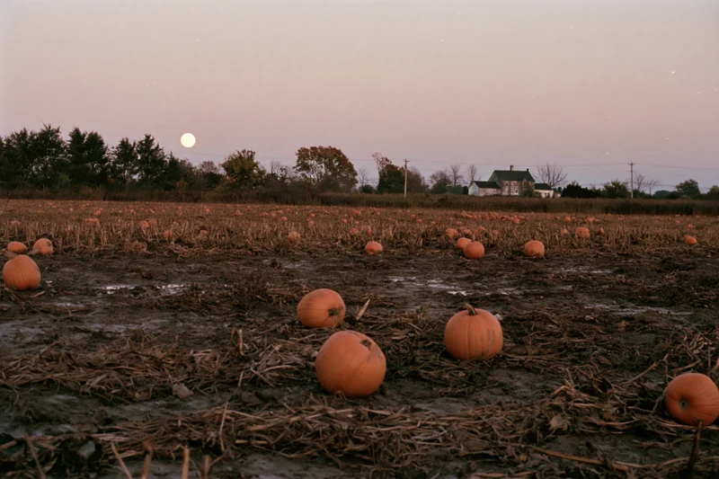 Pumpkins scattered across a muddy field at dusk with full moon rising over distant farmhouse