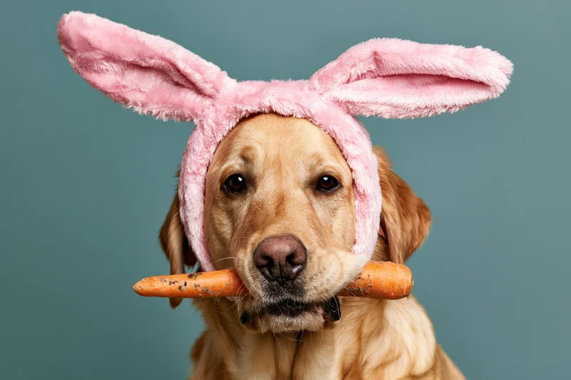 Golden labrador retriever wearing pink plush bunny ears and holding a carrot in its mouth against a teal studio background
