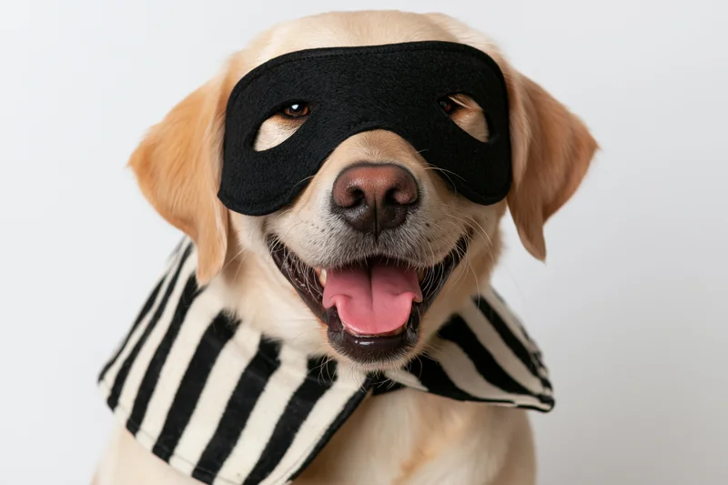 Golden labrador wearing black superhero mask and striped scarf, smiling with tongue out against white background
