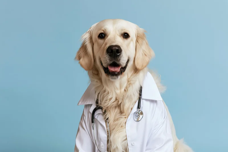 Golden retriever dog sitting upright in white lab coat with stethoscope against blue background