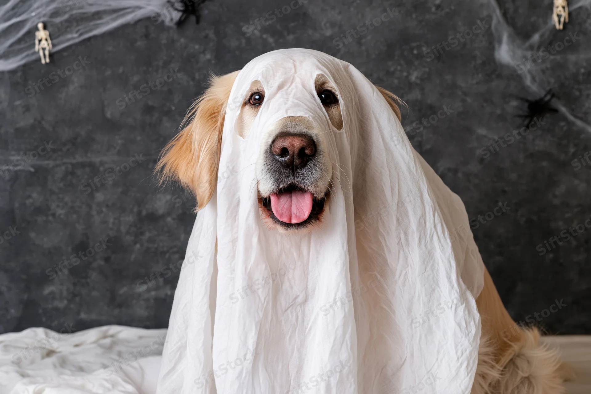 Golden retriever dog wearing white sheet ghost costume for halloween against dark background
