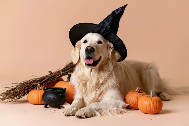 Golden retriever lying down in witch hat surrounded by pumpkins and broom in studio setting