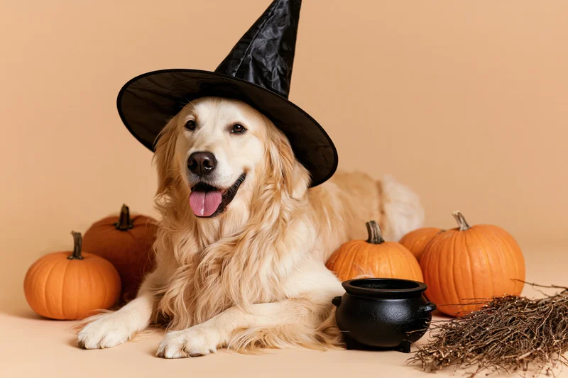 Golden retriever lying down wearing a witch hat surrounded by pumpkins and a cauldron