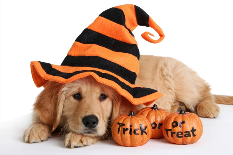 Golden retriever puppy lying down wearing oversized orange and black witch hat beside small pumpkins labeled trick or treat on white background