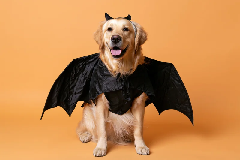 Golden retriever sitting upright in a black bat costume against orange background