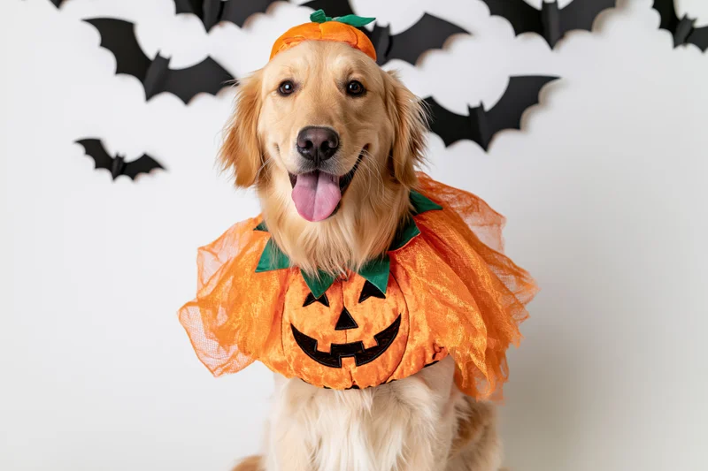 Golden retriever in orange tulle pumpkin costume with bat decorations on white background