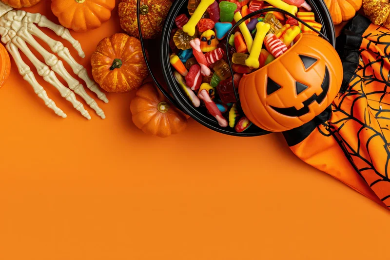 Halloween flat lay with candy, pumpkin bucket, skeleton hand and costume on orange background
