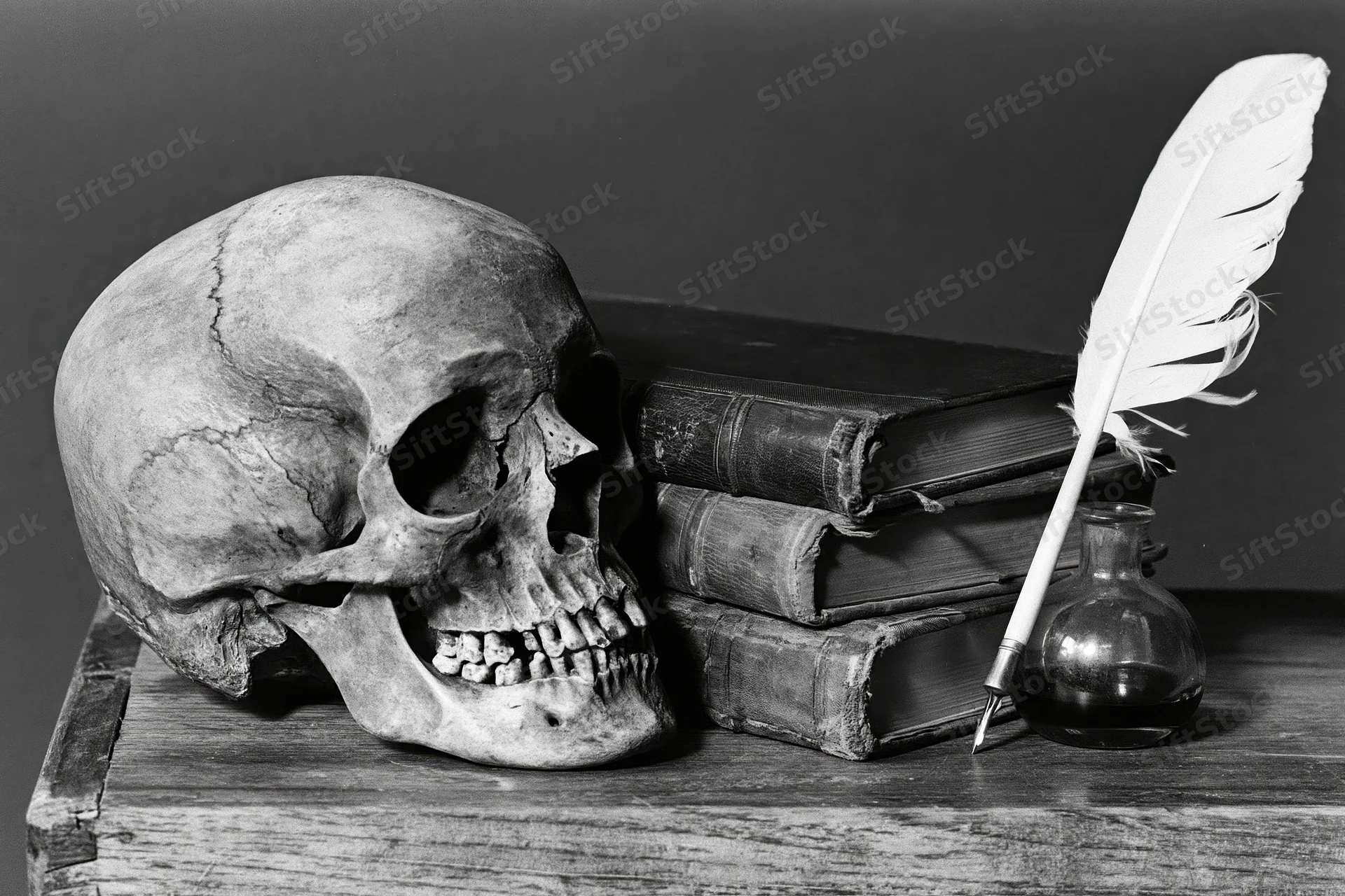 Human skull resting beside a stack of old books and a quill pen on a wooden table