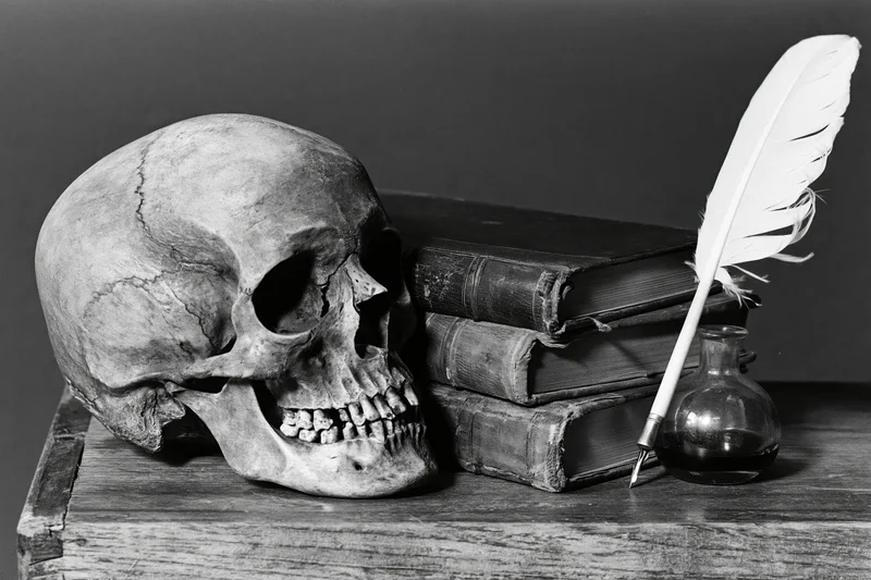 Human skull resting beside a stack of old books and a quill pen on a wooden table