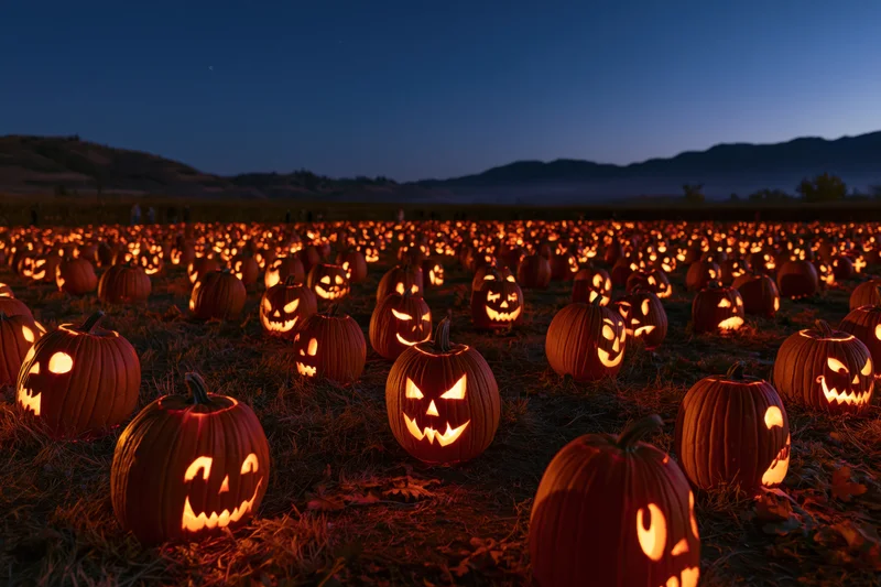 Hundreds of carved jack-o-lanterns glowing in a field at dusk