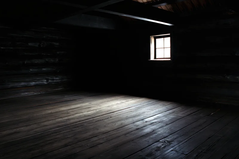 Empty interior of old log cabin with single window casting light on wooden floor
