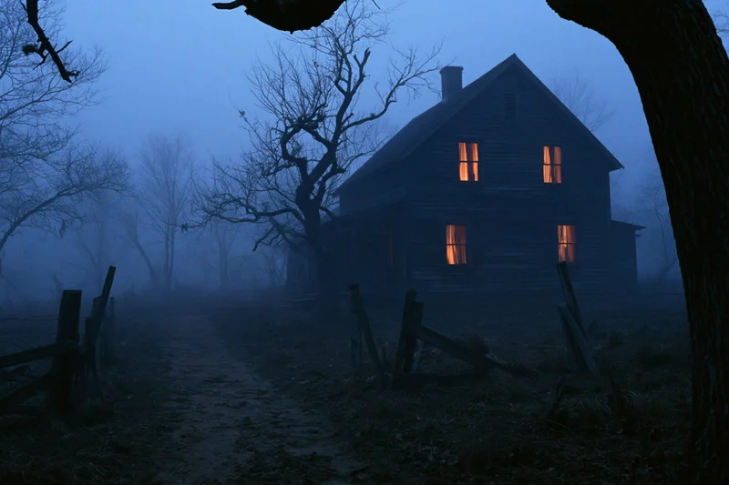 Isolated two-story wooden farmhouse with glowing amber windows at night in foggy rural setting