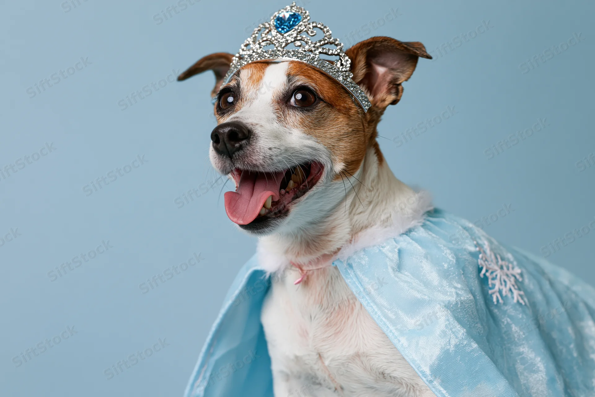 Jack russell terrier wearing sparkly silver tiara and blue princess dress in studio portrait