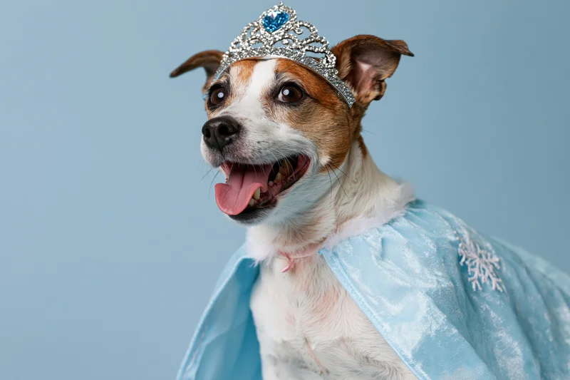 Jack russell terrier wearing sparkly silver tiara and blue princess dress in studio portrait