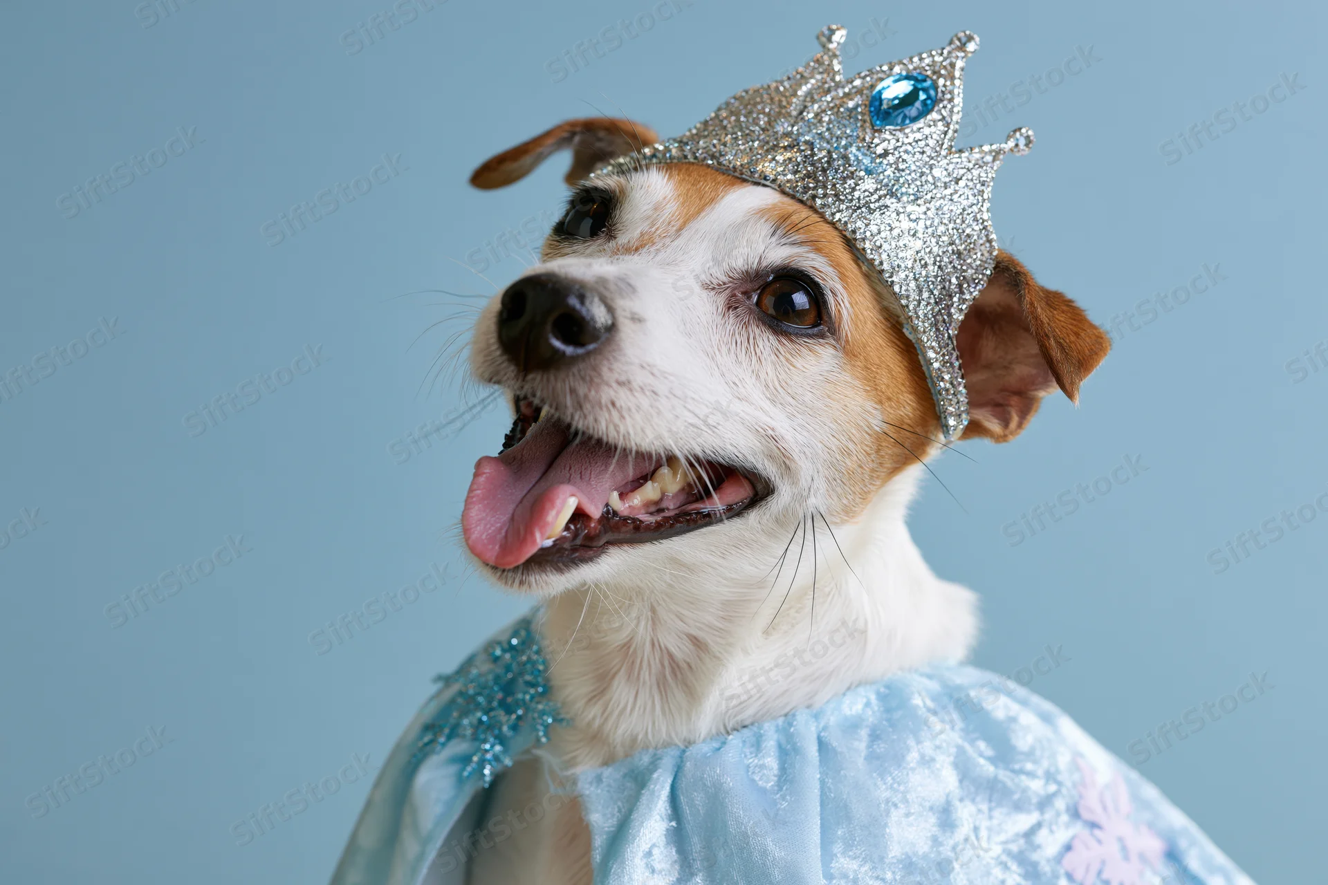 Jack russell terrier wearing sparkly silver tiara and blue cape in studio portrait
