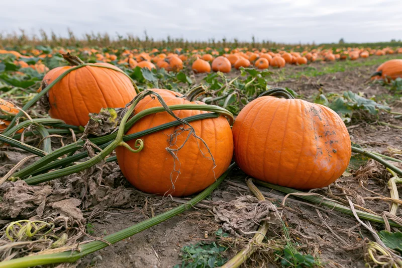 Ripe pumpkins resting on dry soil in a farm field