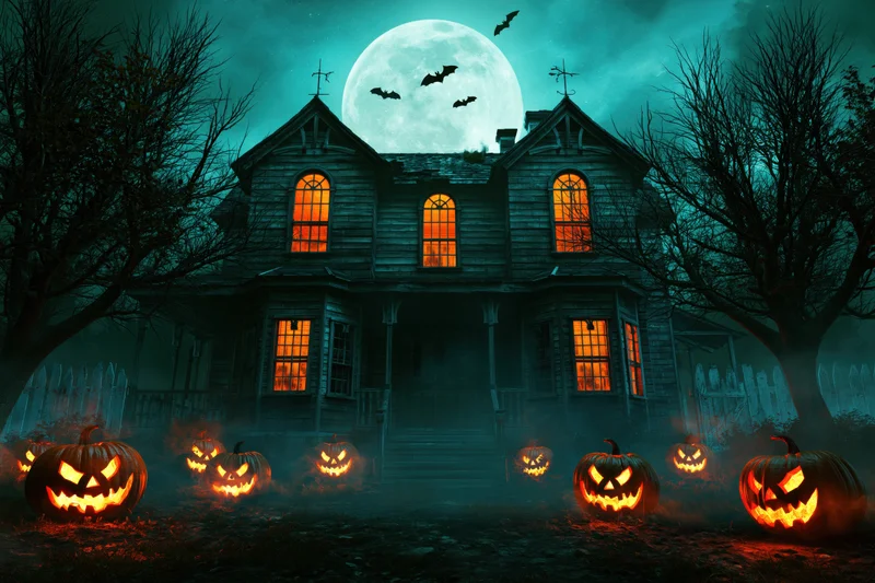 Old wooden farmhouse at night with glowing jack-o-lanterns in front, surrounded by bare trees and fog under a full moon