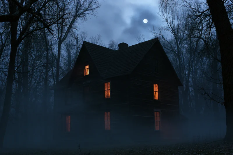 Old wooden farmhouse with glowing windows in foggy forest at night
