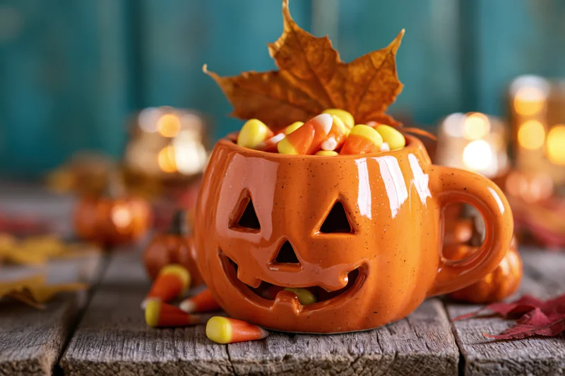 Orange ceramic jack-o-lantern mug filled with candy corn on wooden table with autumn leaves and candles