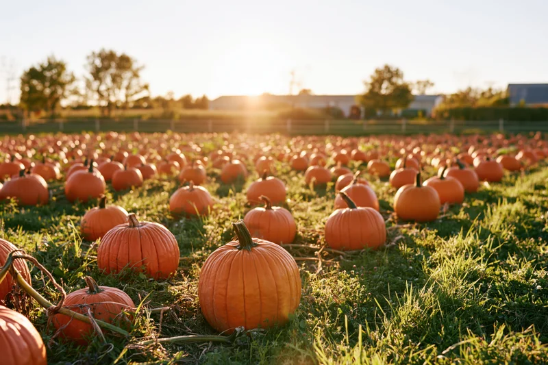 Pumpkins growing in rows across a grassy field at sunset