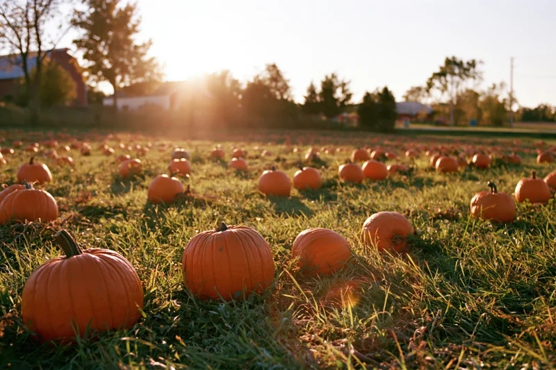 Pumpkins scattered across a grass field in rows under golden hour sunlight